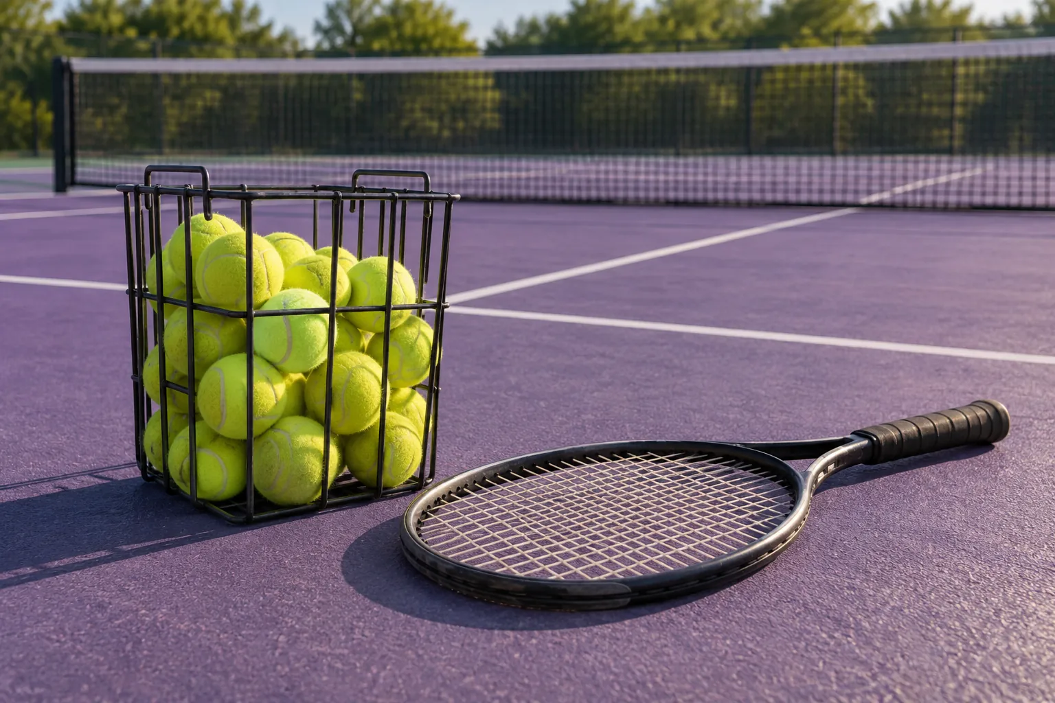 Illustration: A metal basket of ordinary yellow felt tennis balls stands on a purple hard court beside an unbranded strung tennis racket, with an empty regulation net beyond, seen low.