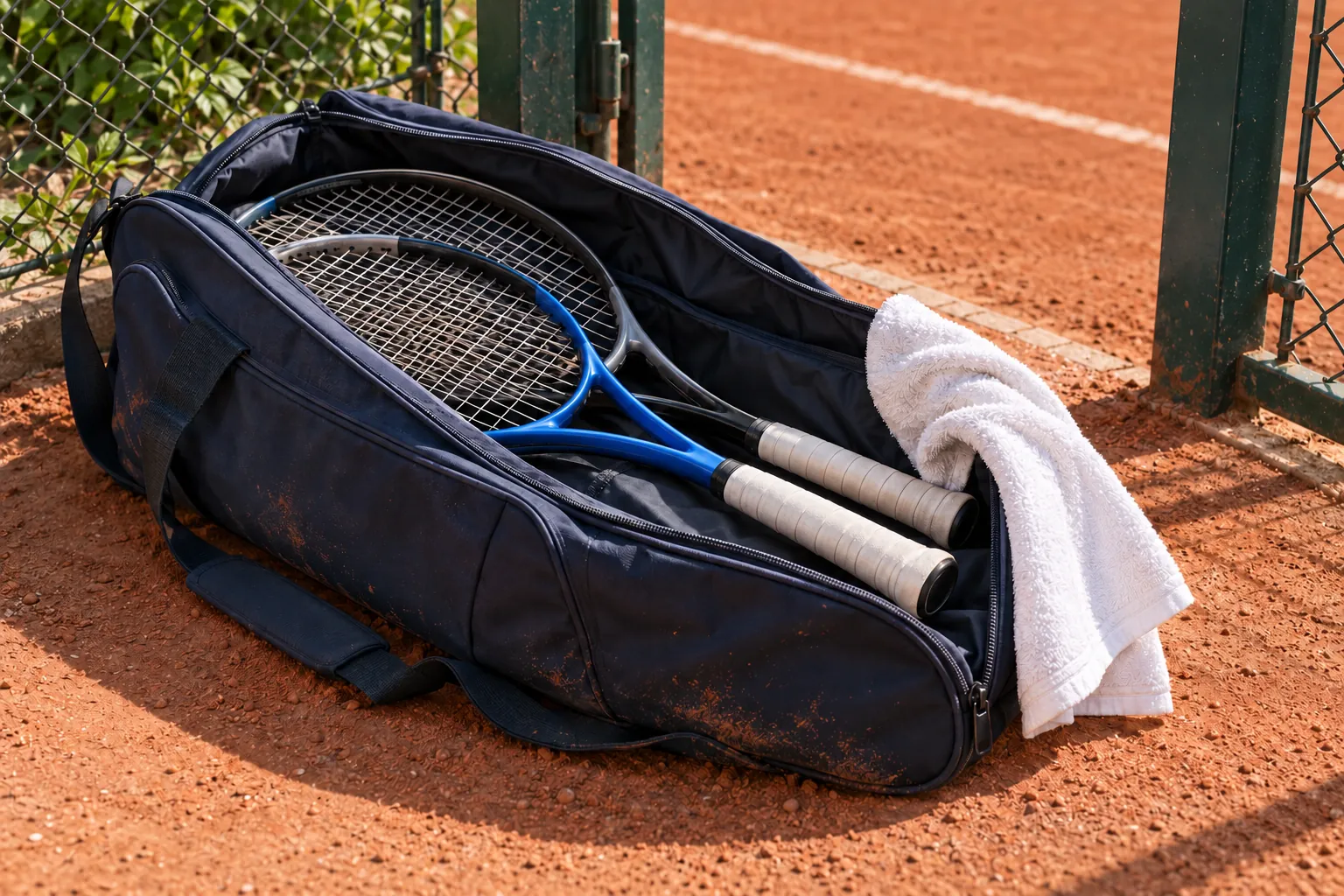 Illustration: An open navy racket bag reveals two full-length strung tennis rackets beside a red clay court gate, with a plain towel and natural clay dust, framed close.
