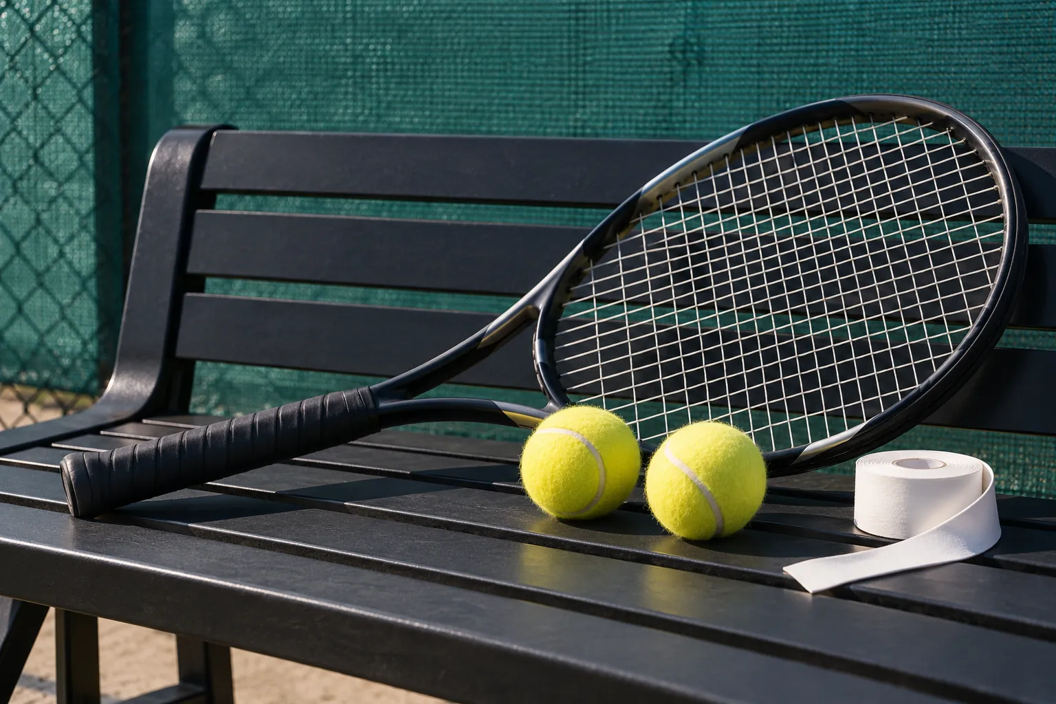 Illustration: A strung full-length tennis racket, plain replacement grip roll and two yellow felt tennis balls rest on a black slatted courtside bench against a teal windscreen.