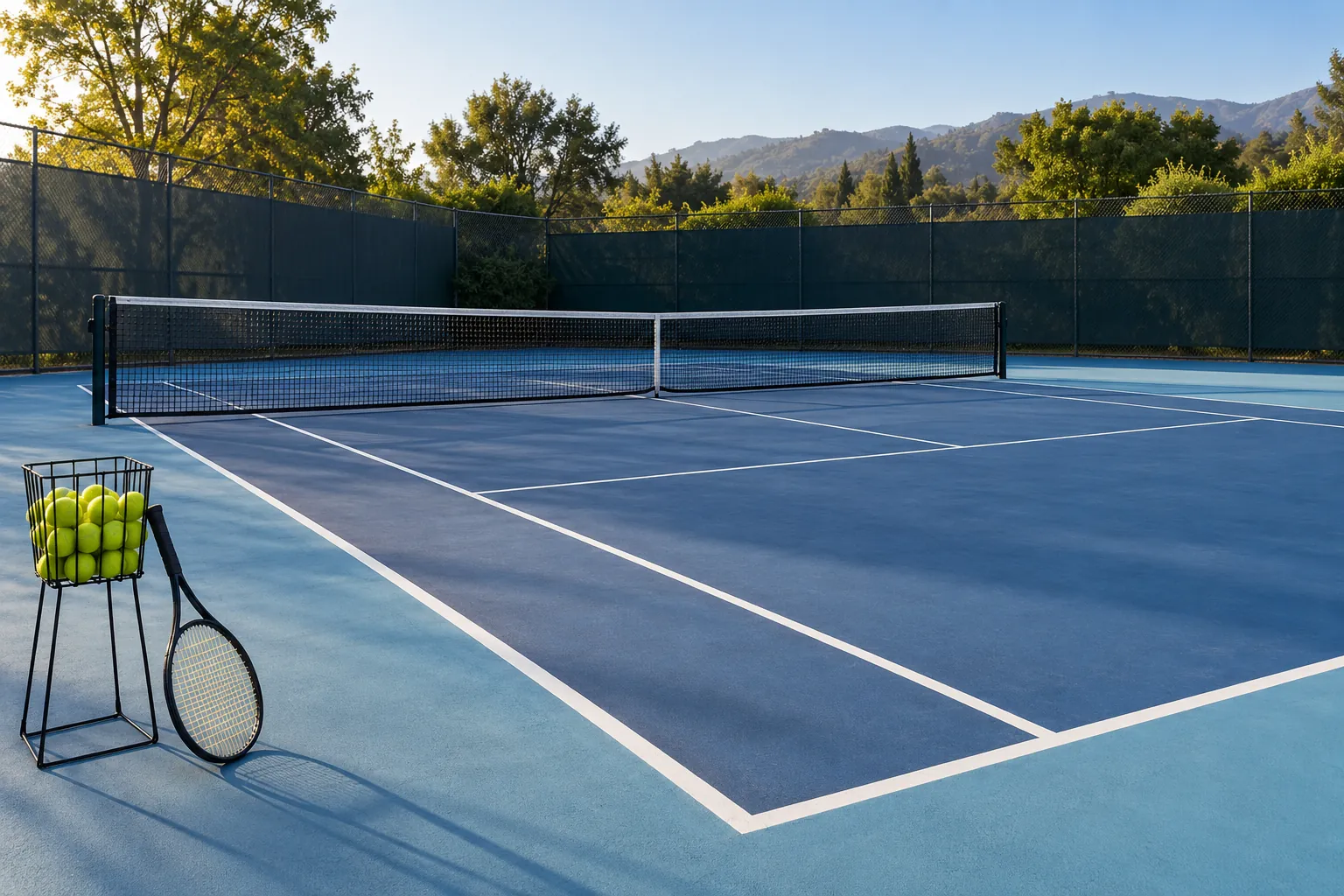 Illustration: An empty blue tennis practice court with a credible low regulation net, a modest ball basket and a single strung racket at the sideline, shown wide from the corner.