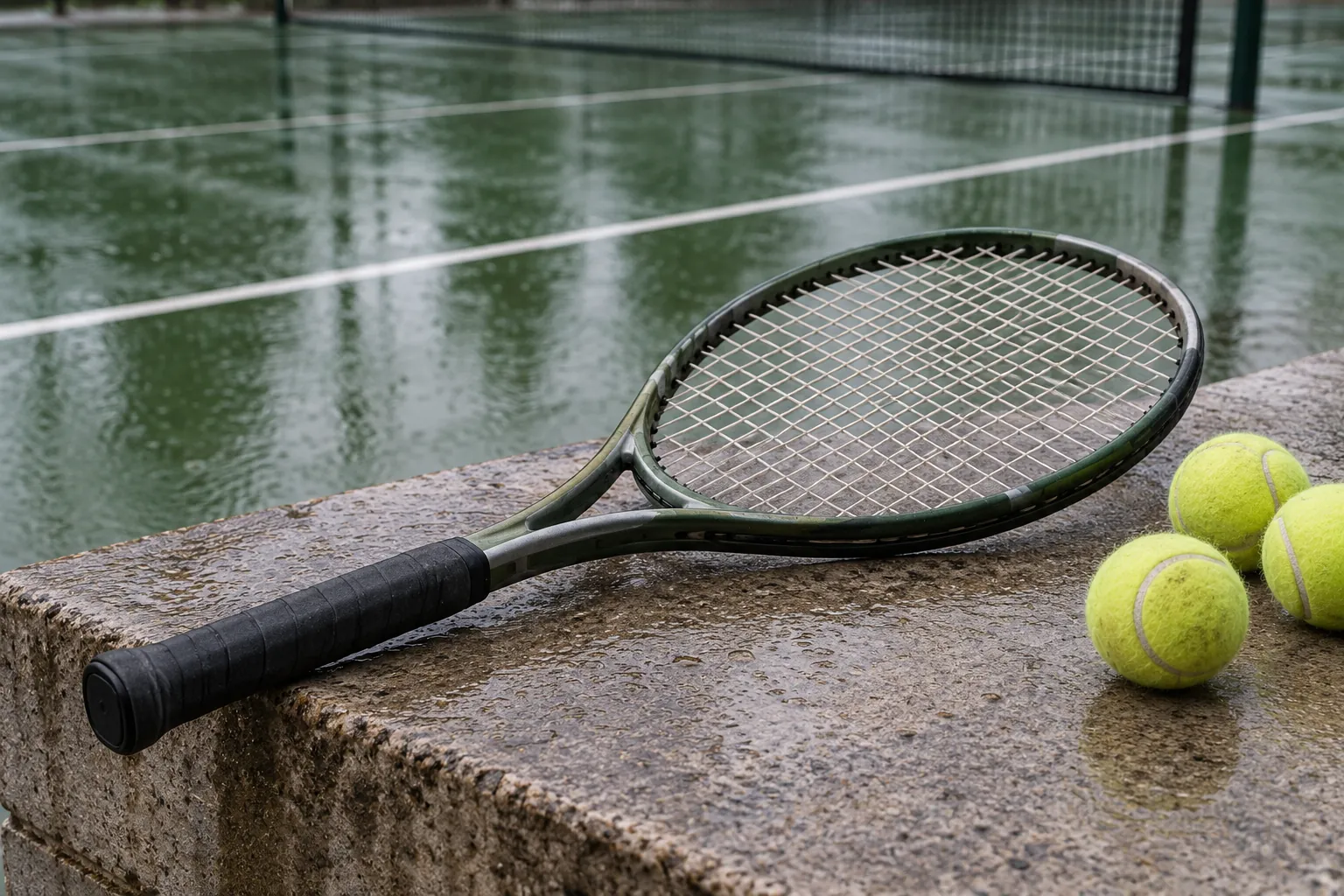 Illustration: A completely unbranded strung tennis racket rests on a dry sheltered concrete ledge beside yellow felt tennis balls, with a rain-darkened green court blurred behind.