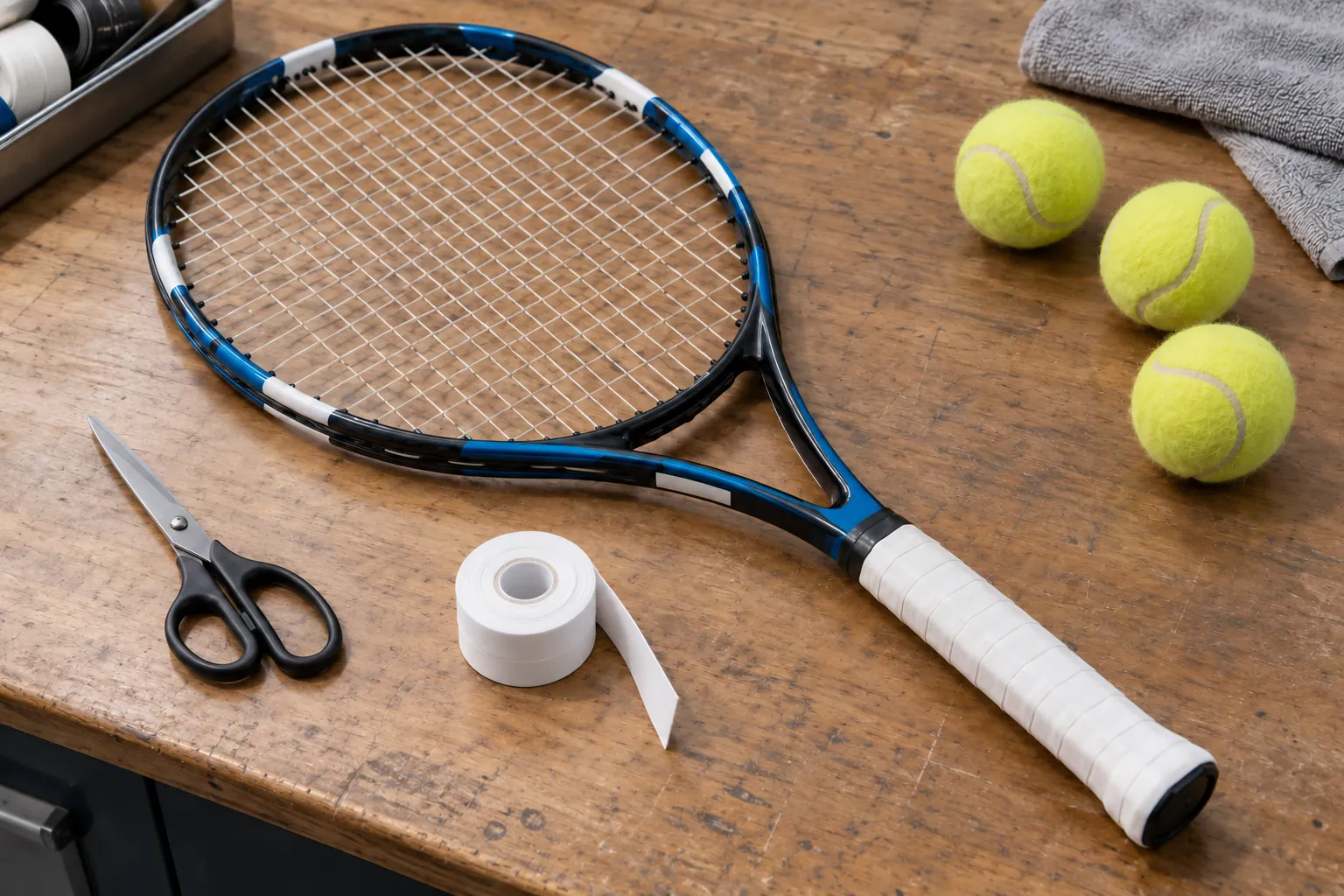 Illustration: A tennis racket handle, overgrip roll and closed scissors.