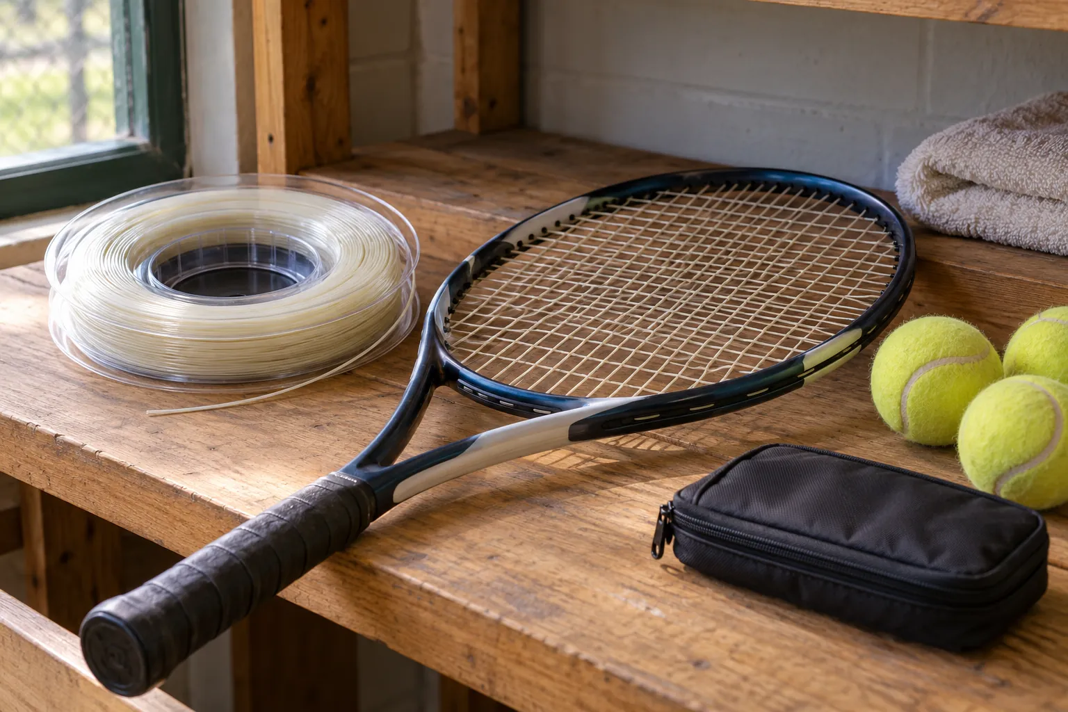 A reel of tennis string and racket beside a tool pouch.