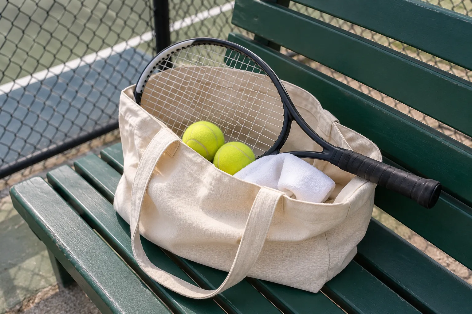 Illustration: A tennis racket, balls and wristbands inside a canvas tote.