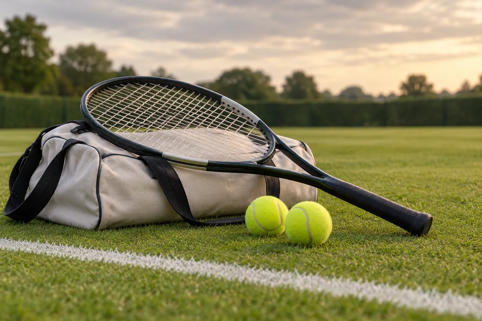 Illustration: A tennis racket and bag beside a white grass-court line.