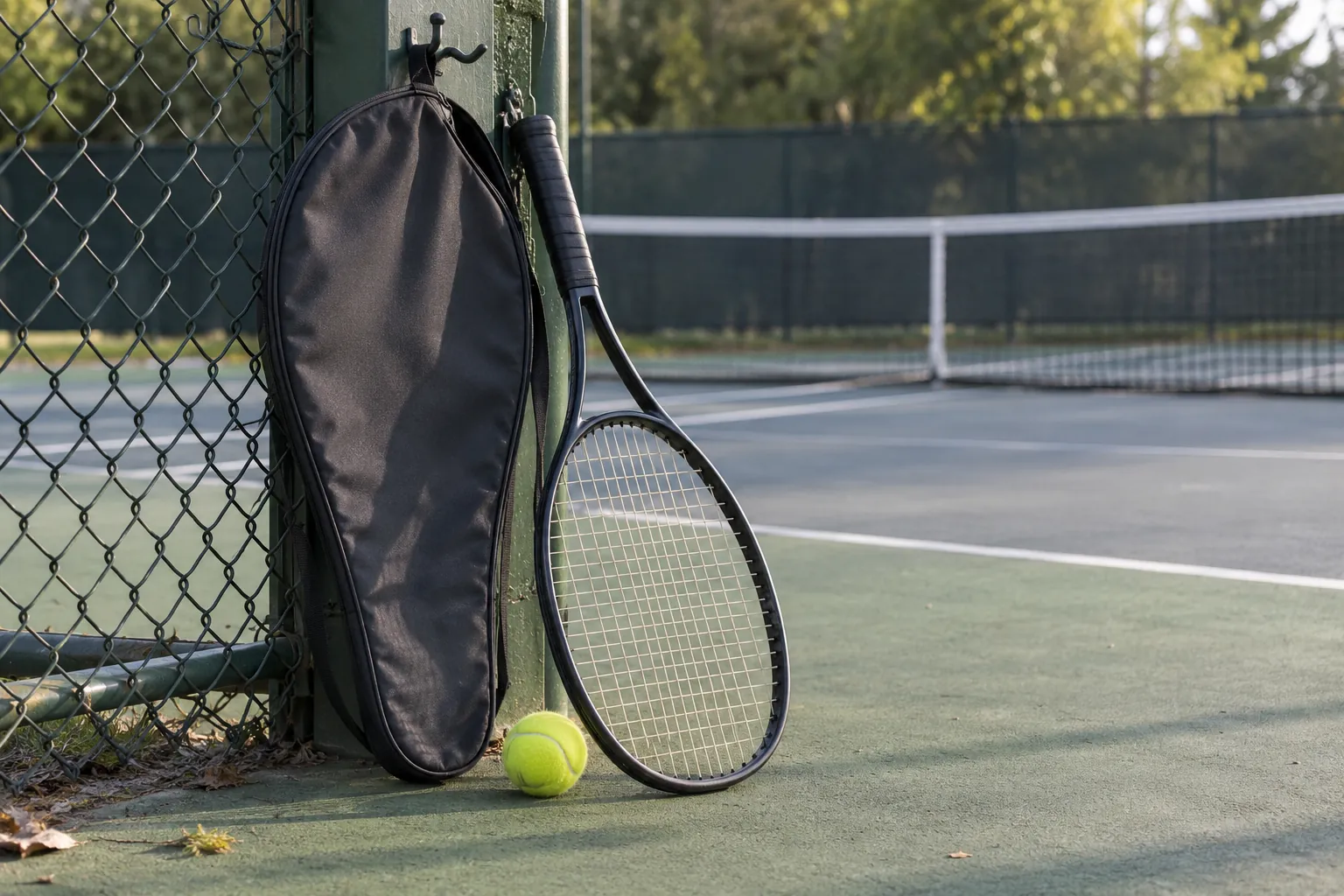 Illustration: A racket cover, tennis racket and ball beside a courtside hook.