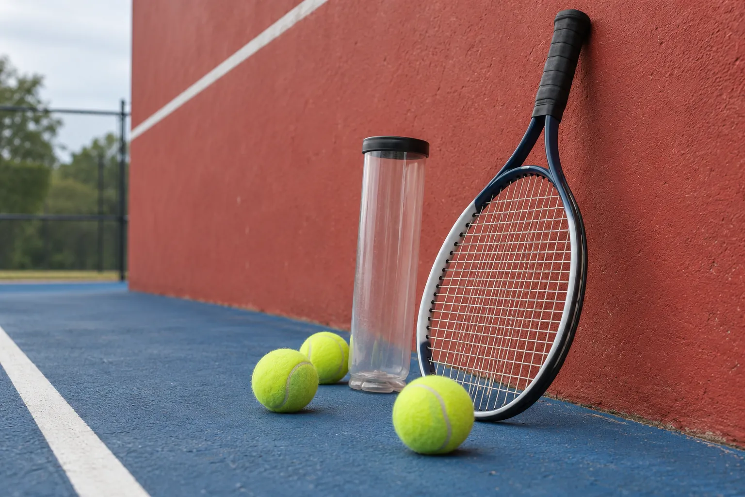 Illustration: A clear unmarked tennis-ball collection tube and one strung tennis racket lean against a red practice wall beside three fuzzy yellow balls.