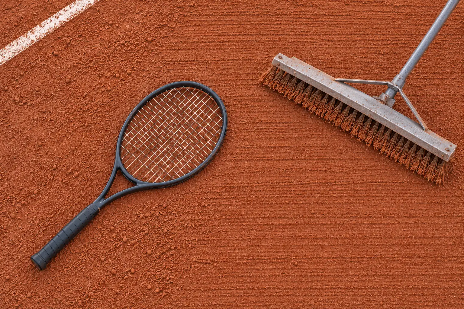 Illustration: A plain strung tennis racket lies beside a court drag brush at the dry edge of a clay court.