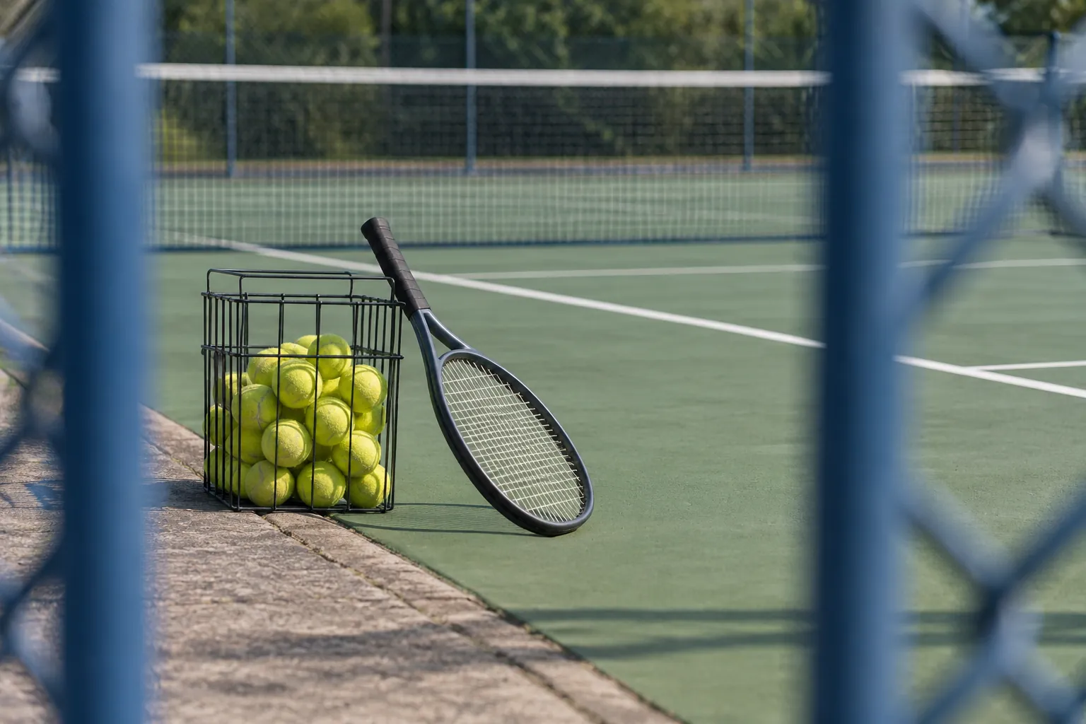 Illustration: A simple wire basket holds fuzzy yellow tennis balls on the edge of an empty green practice court, with a racket resting safely alongside.