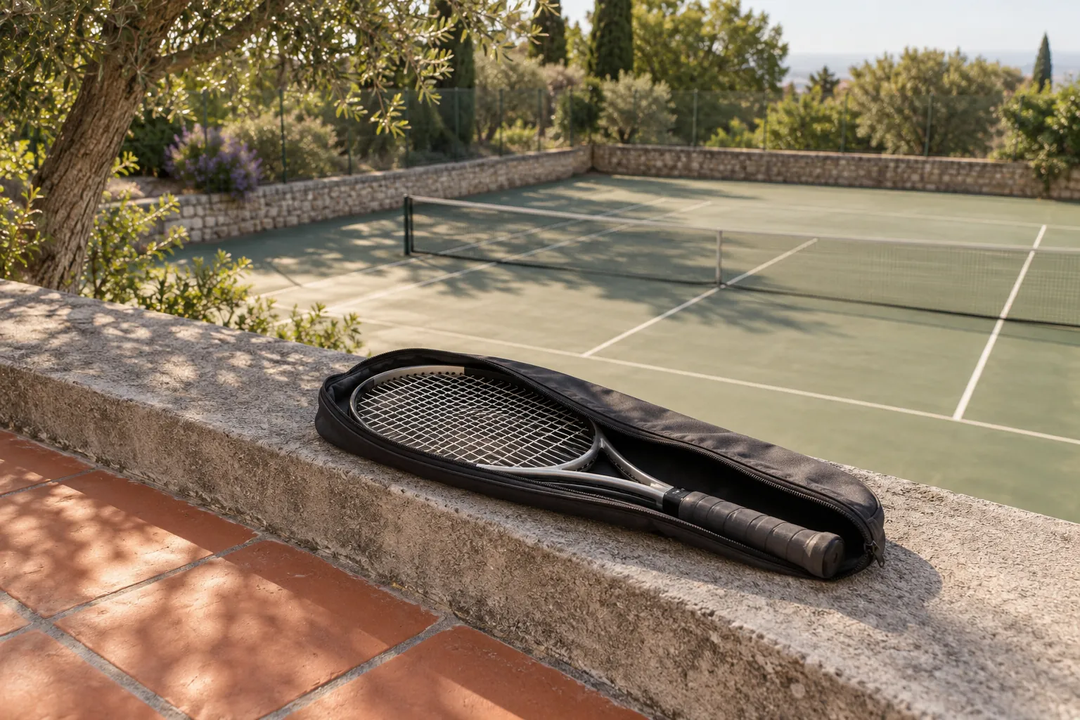 Illustration: A plain tennis racket in a half-open sleeve rests on a low gray terrace above a modest empty tennis court.