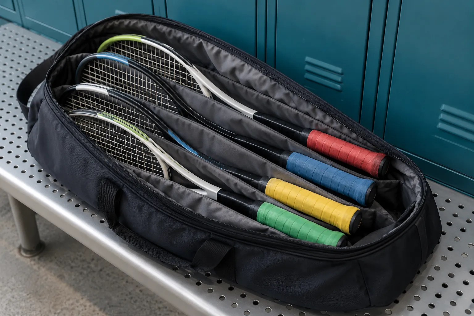 Illustration: Four plain strung tennis rackets with differently colored grips rest in a divided open kit bag on a perforated metal bench.