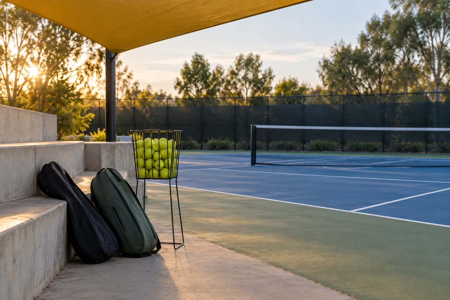 Illustration: Two unbranded racket bags and a wire ball basket stand beneath a mustard shade sail beside an empty blue tennis court.