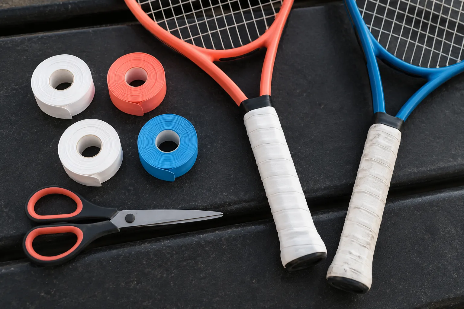 Illustration: Four plain grip rolls, a pair of closed scissors and two strung tennis racket handles lie on a dark rubber service shelf.