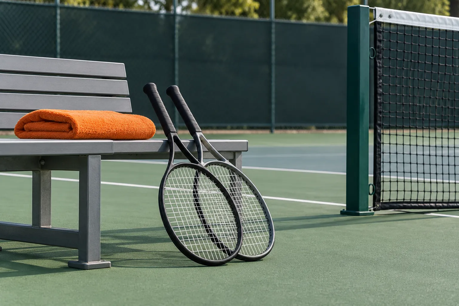 Illustration: Two plain strung tennis rackets and a folded orange towel rest on a gray metal bench beside the net post of an empty court.