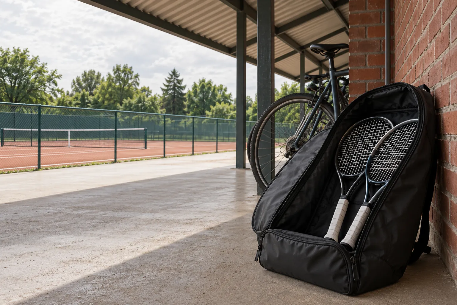 Illustration: An open plain racket bag holding two strung tennis rackets stands beside parked unbranded bicycle wheels under a simple court-side shelter.