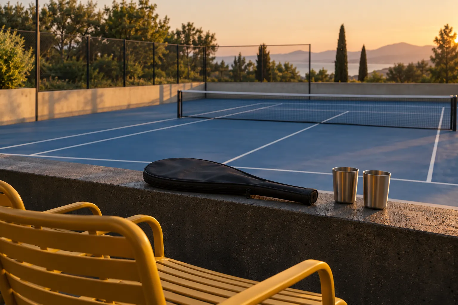 Illustration: A closed tennis racket sleeve and two plain steel cups sit on a dark concrete ledge overlooking an empty blue court.