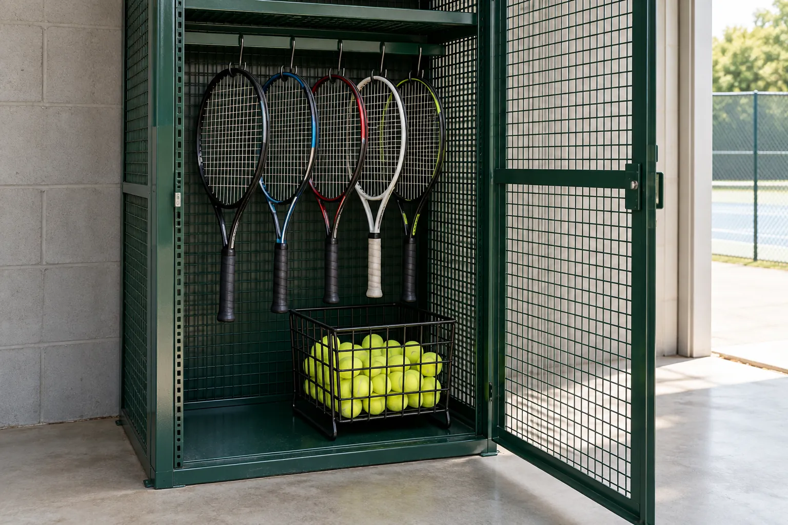 Illustration: Several plain strung tennis rackets hang inside an open green wire equipment locker, with a ball basket below.