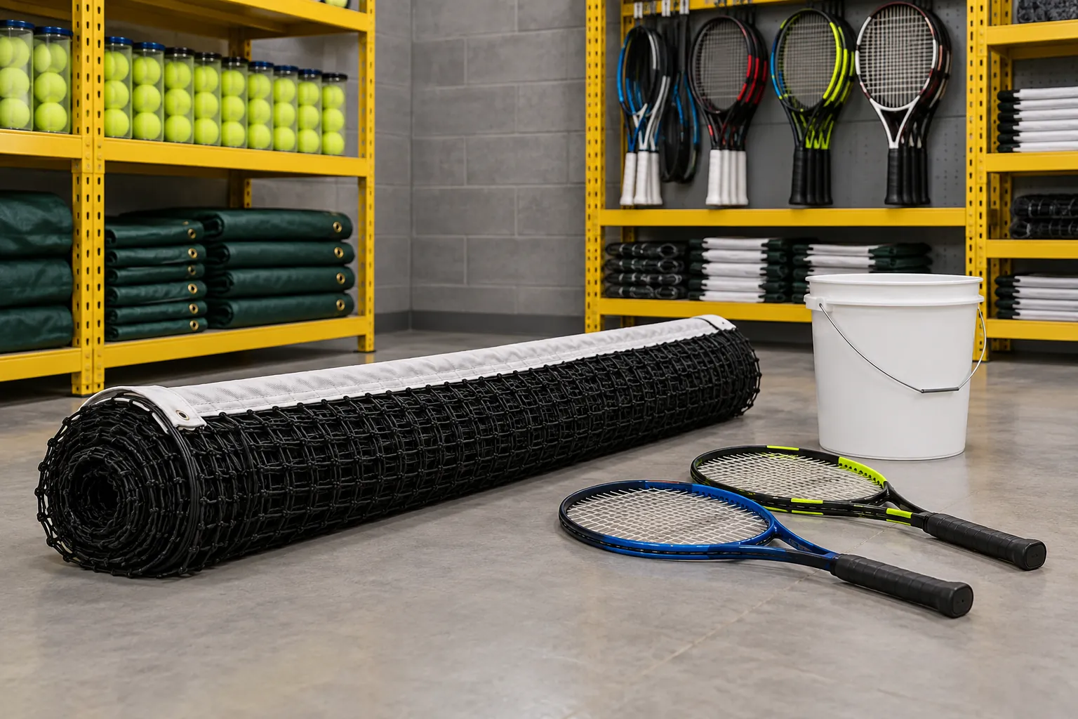 Illustration: A correctly proportioned portable tennis net is rolled neatly beside two strung rackets and a plain ball bucket in a covered sports store.