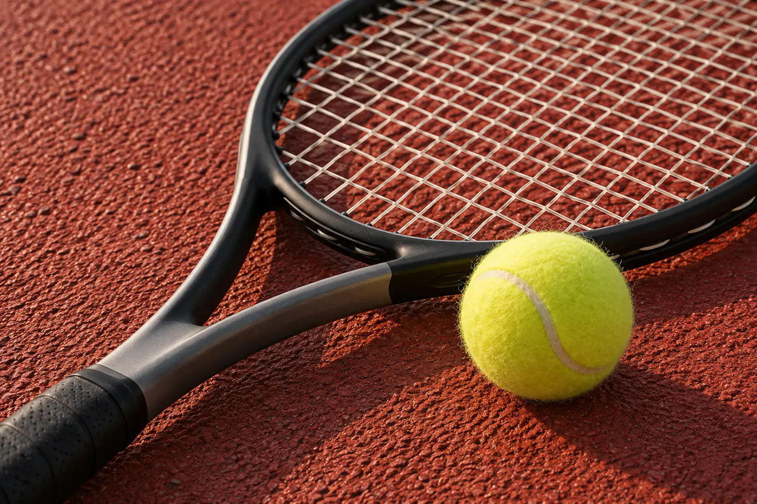 Illustration: A fuzzy yellow tennis ball rests beside the throat of one plain strung tennis racket on a red textured hard court.