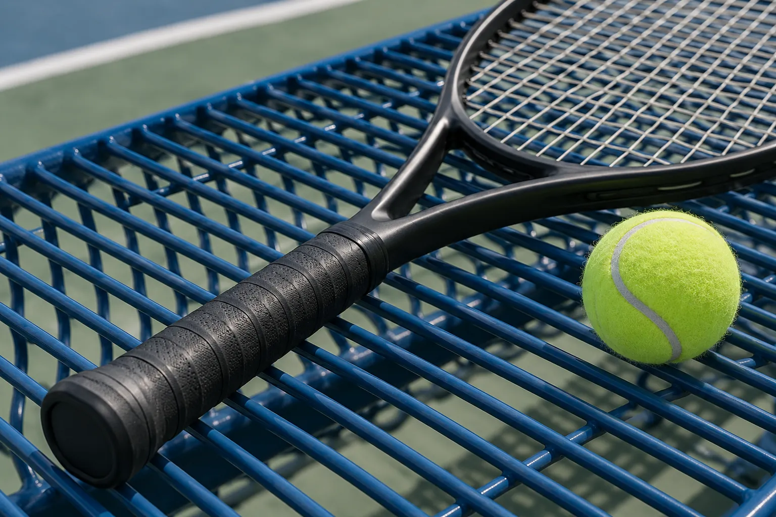 Illustration: The dark grip and lower frame of an unbranded tennis racket rest on a blue coated wire bench beside a single yellow tennis ball.