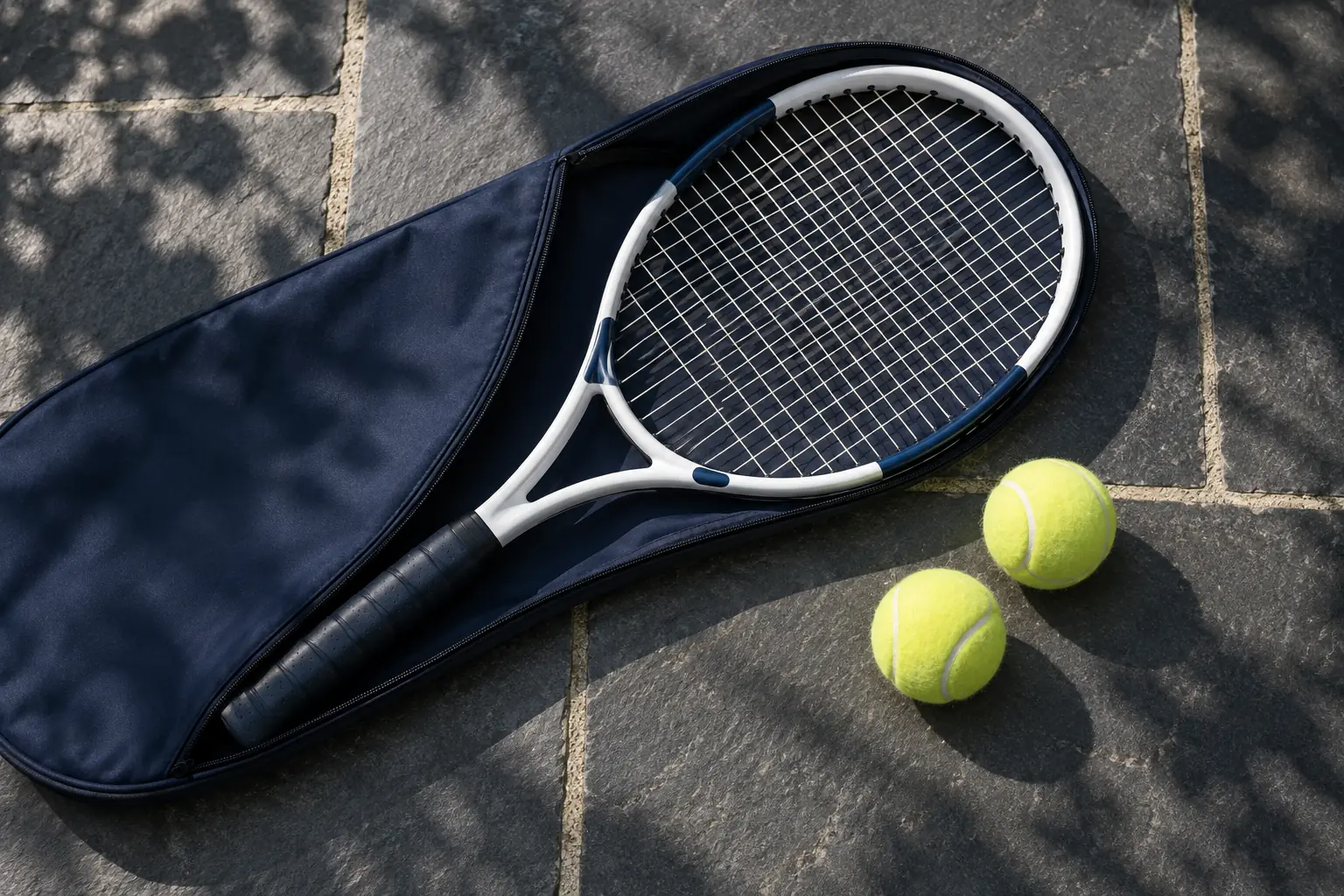 A plain strung tennis racket lies partly inside a navy sleeve on dark slate paving, with two fuzzy yellow tennis balls alongside.