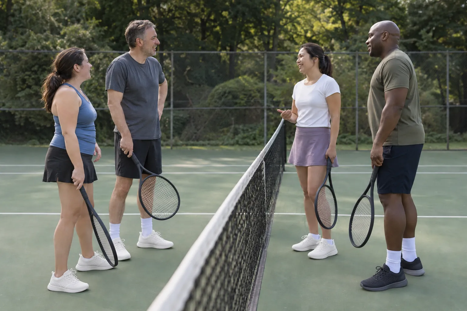 Illustration: Four doubles players talking between points on a tennis court.