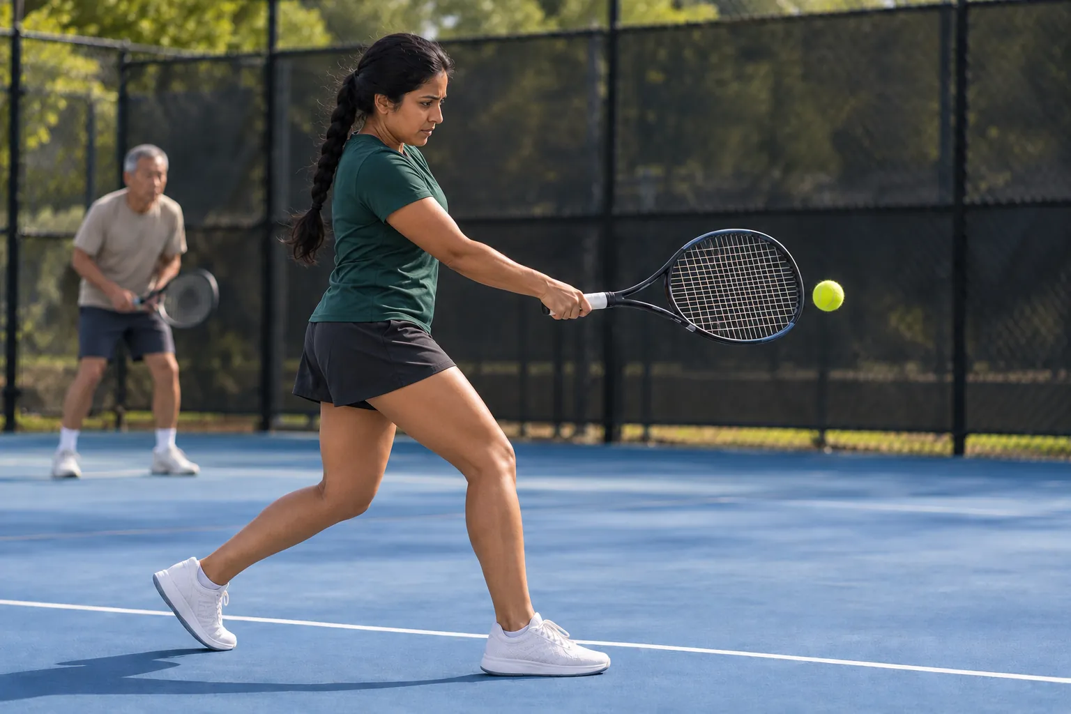 Illustration: A woman practicing a controlled forehand on a blue tennis court.