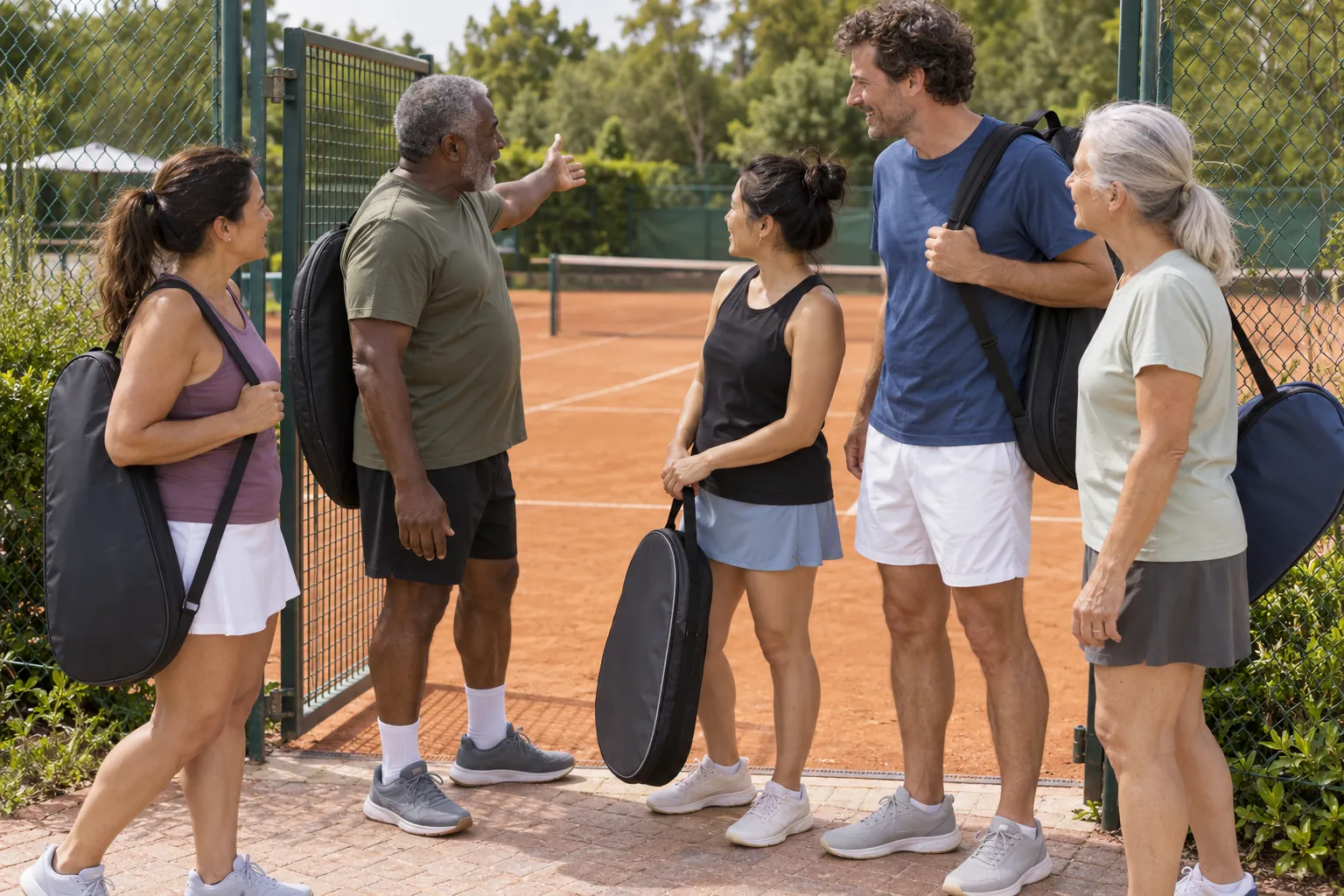 Illustration: Tennis players choosing partners beside a court gate.