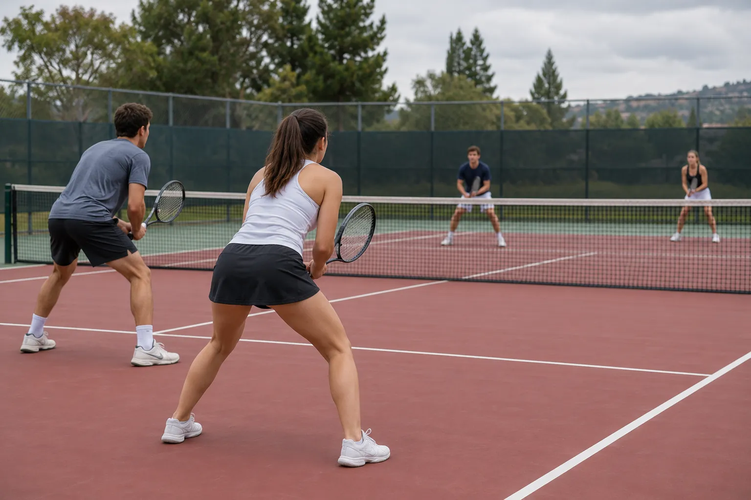 Illustration: A young adult tennis doubles pair wait in ready positions across the court.