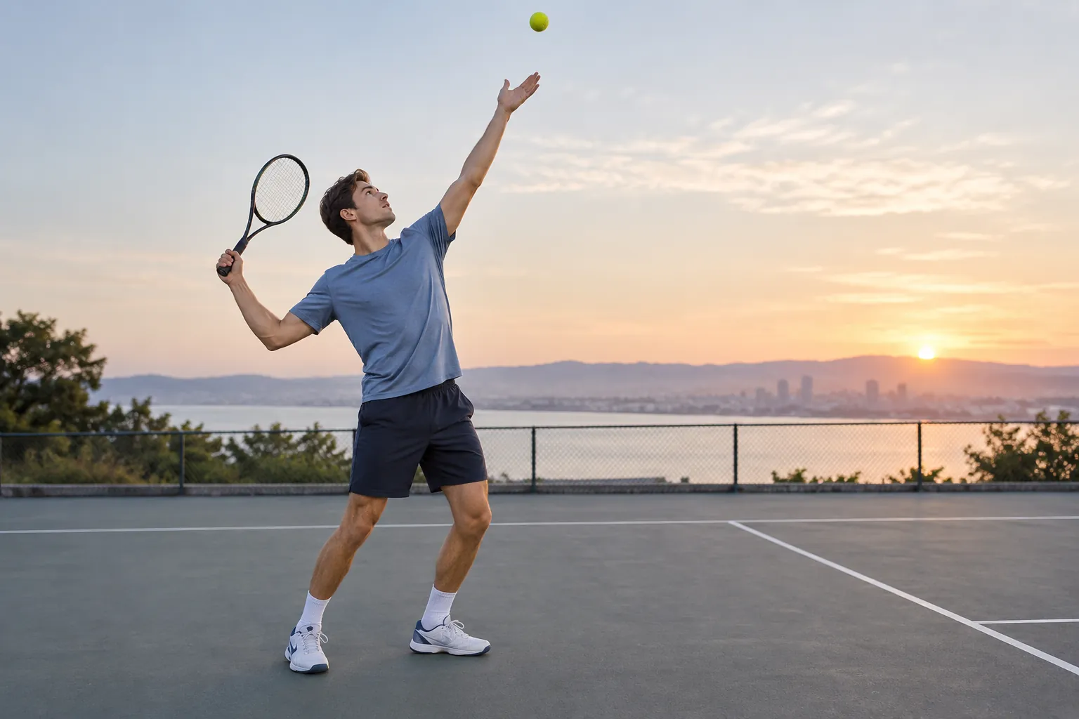Illustration: A young tennis player practices the serve toss on an outdoor court.