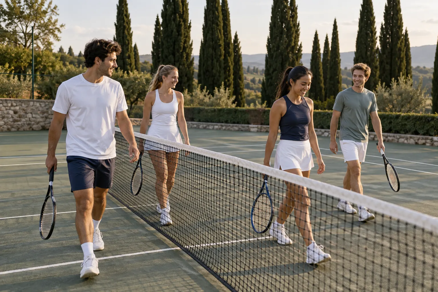 Illustration: Young doubles players change sides on a tree-lined tennis court.