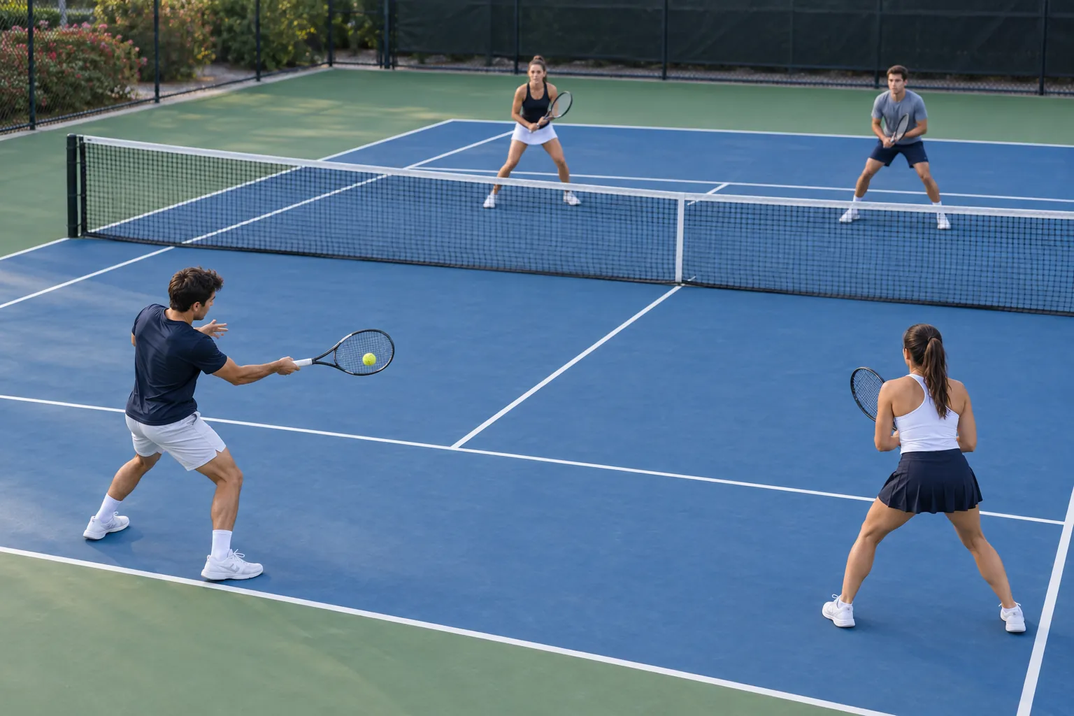 Illustration: Four young adults enjoying a relaxed doubles rally.