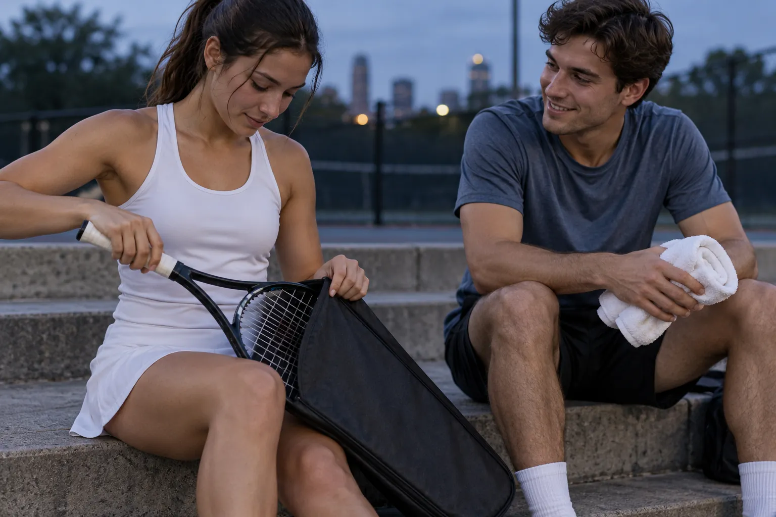 Illustration: A tennis player packs a racket while a friend waits.