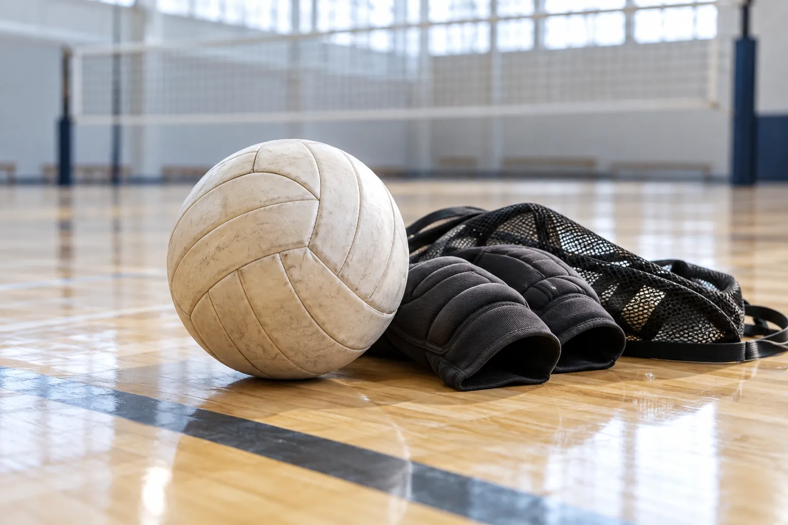 Illustration: A volleyball, knee pads and a mesh bag on a sports-hall floor.