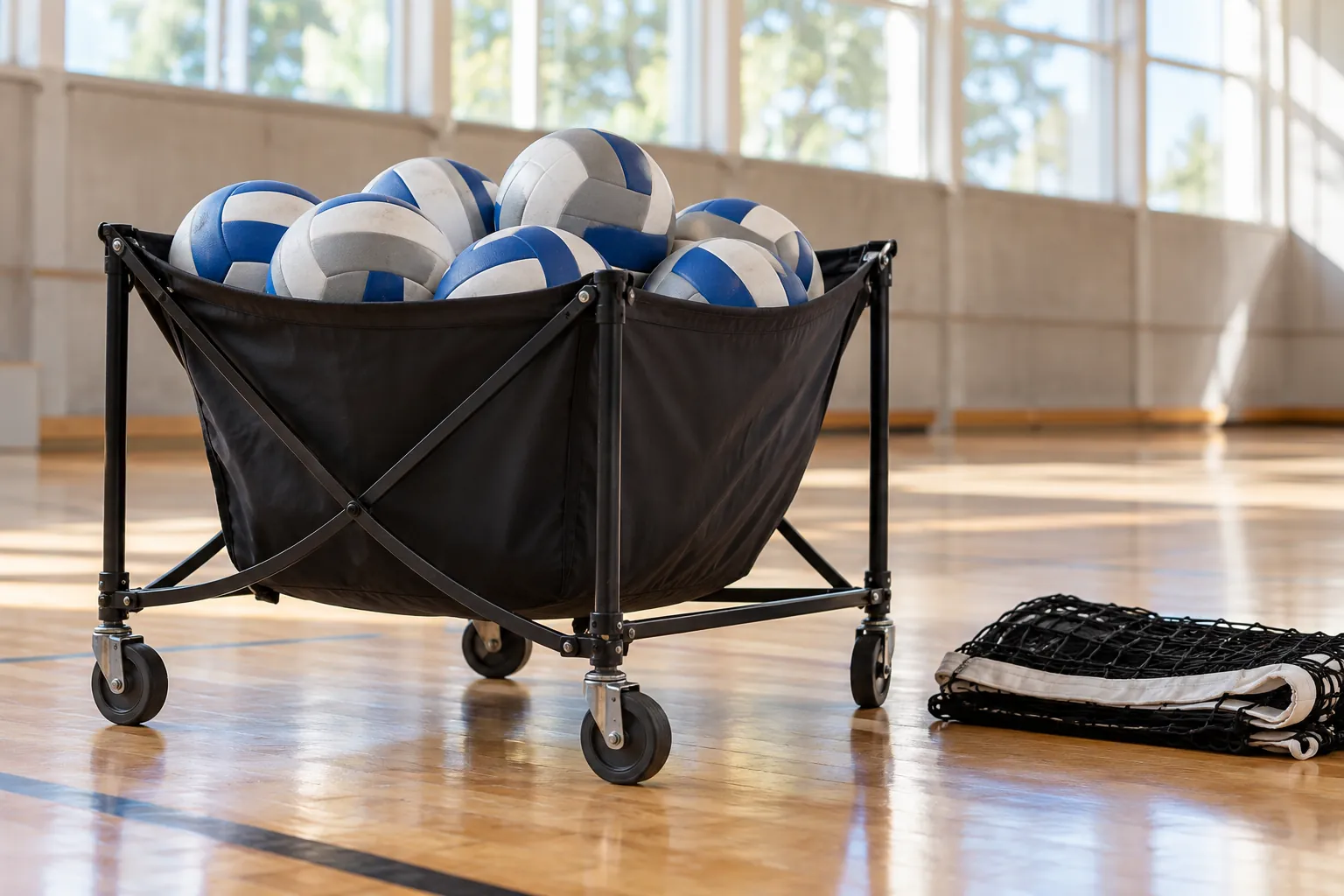Illustration: Indoor volleyballs in a ball cart beside a net bag.