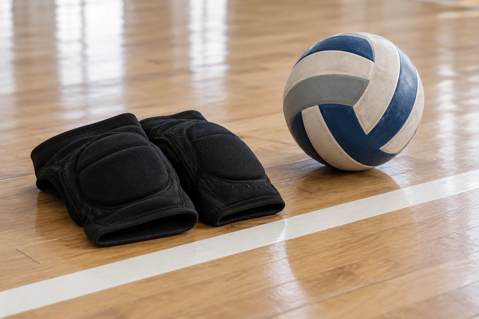Illustration: Volleyball knee pads and a ball beside a service line.