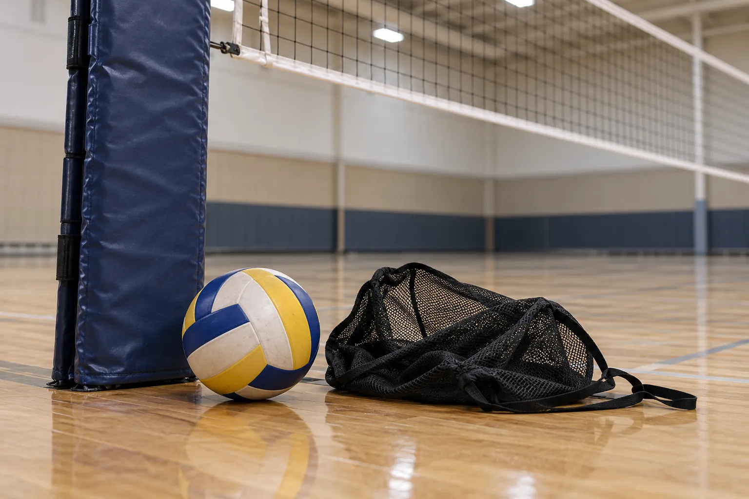 Illustration: An indoor volleyball and mesh bag beside a padded net post.