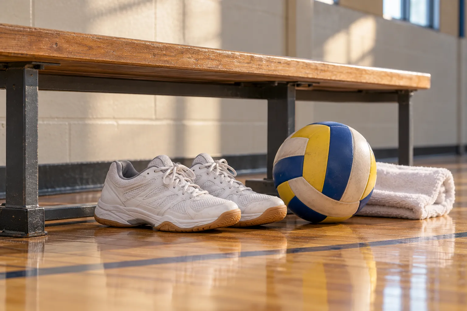 Illustration: Indoor court shoes, a volleyball and towel below an empty bench.