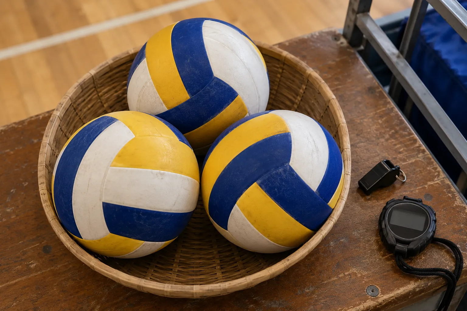 Illustration: Volleyballs in a basket beside a whistle and stopwatch.