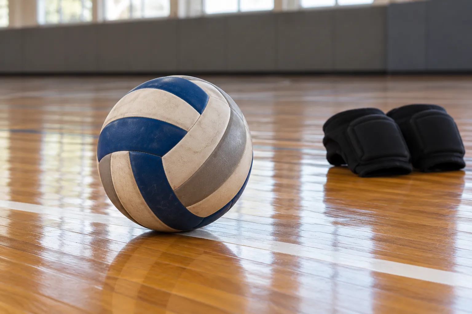 An indoor volleyball and knee pads near a court attack line.