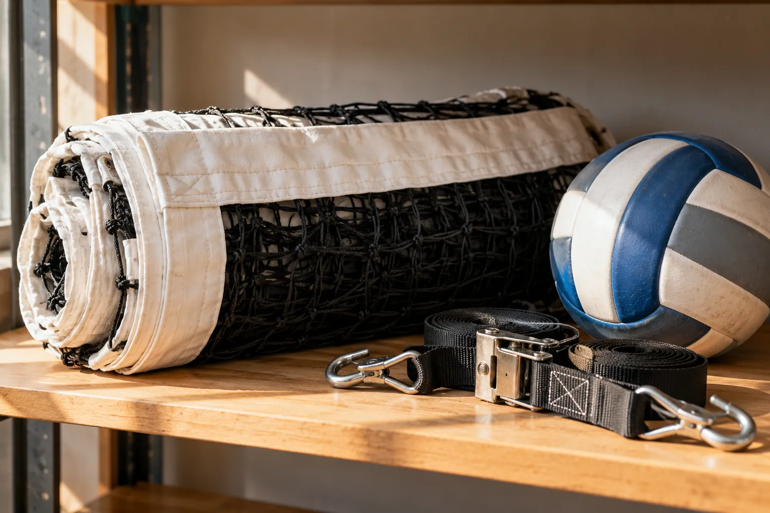 Illustration: A rolled volleyball net, straps and indoor volleyball.