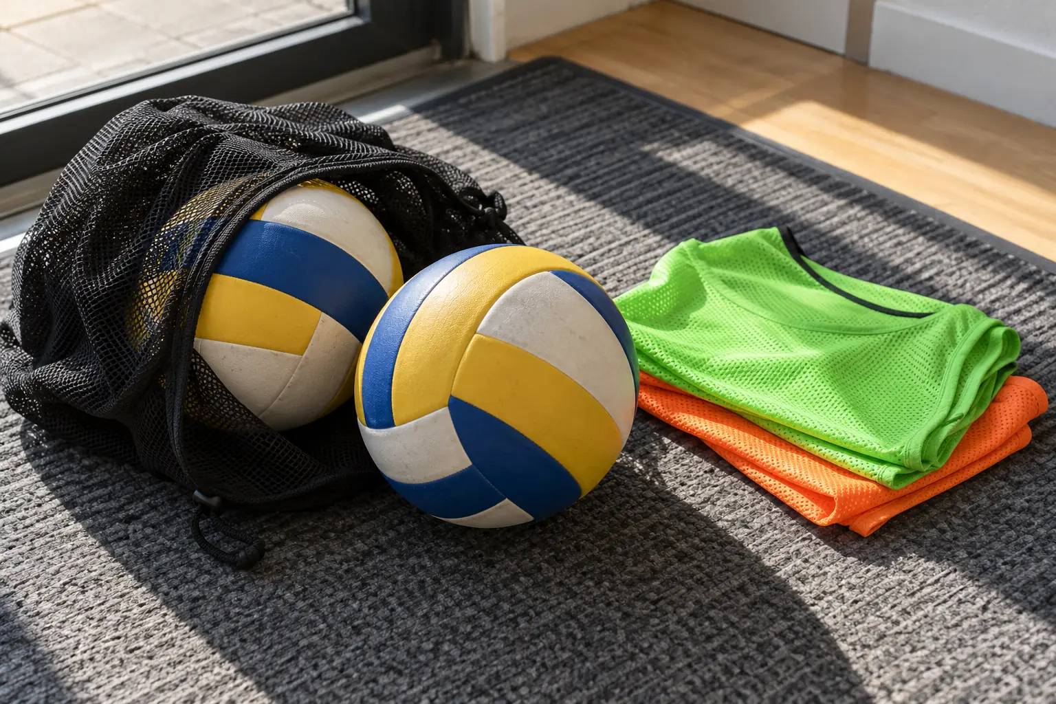 Illustration: Indoor volleyballs in a mesh bag beside training bibs.