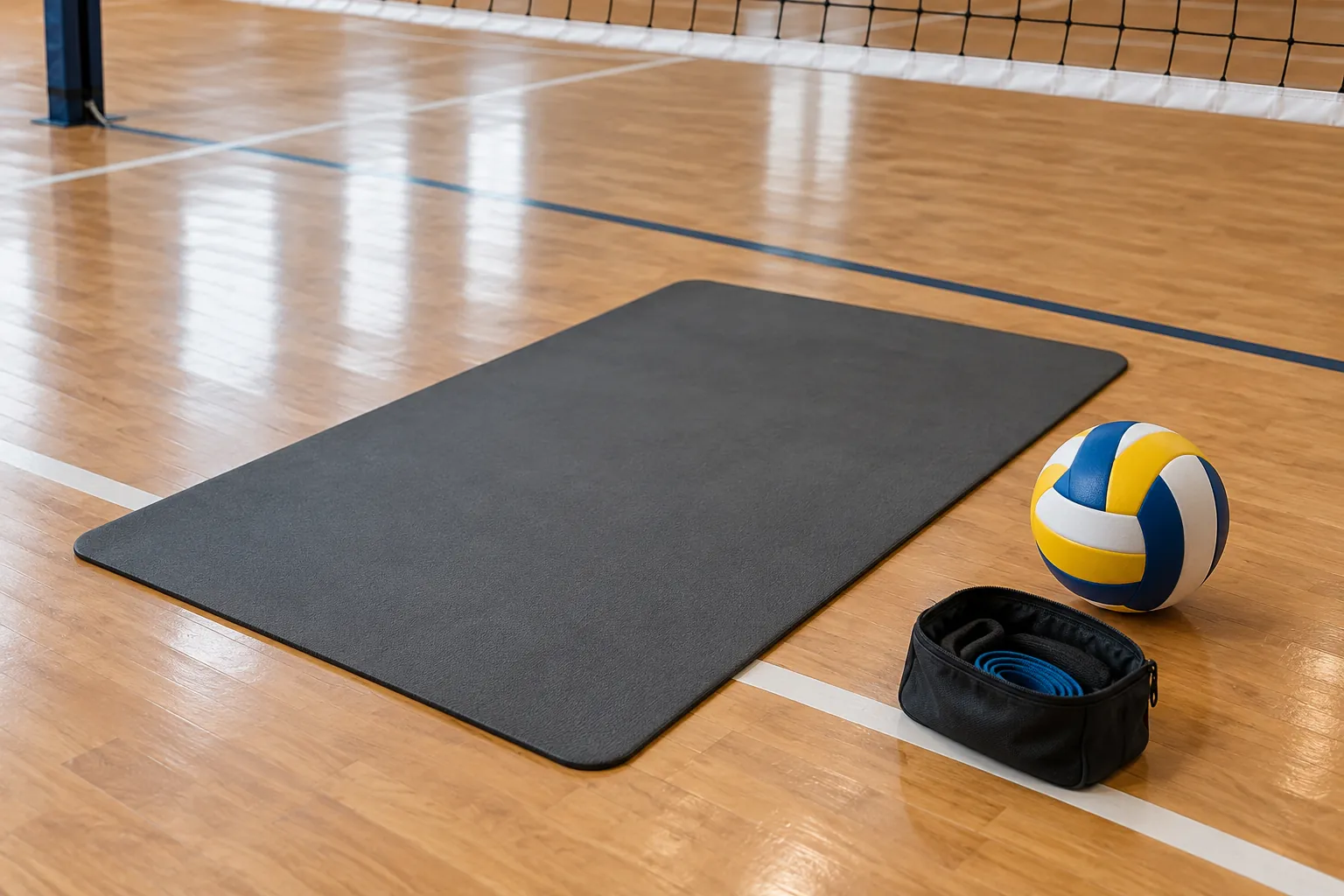 Illustration: A volleyball beside a plain serving-practice target mat.