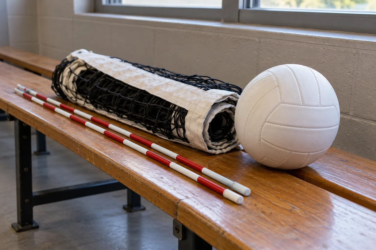 Illustration: Volleyball antennas, a net bag and an indoor ball on a bench.