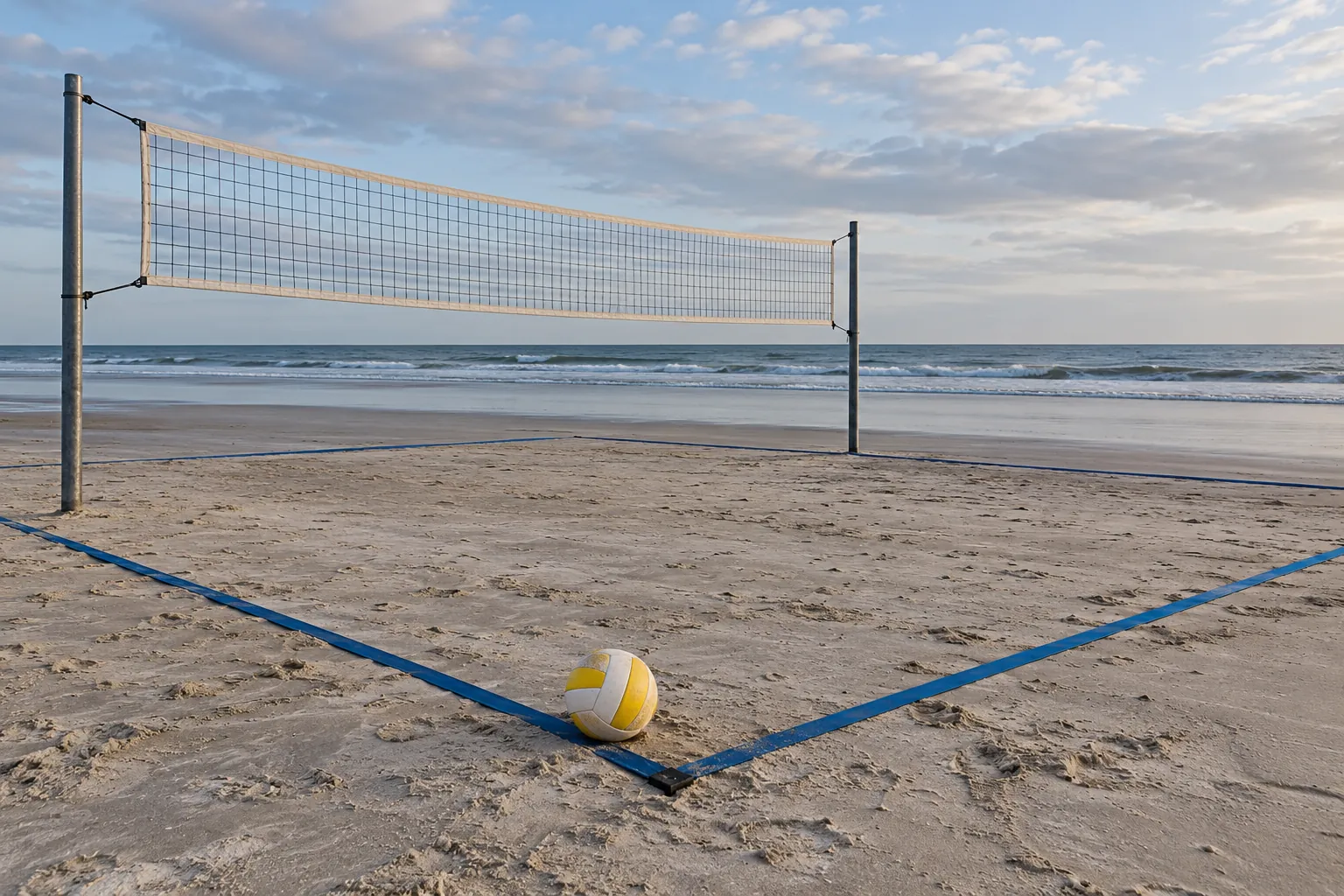 Illustration: An empty beach-volleyball court beside a quiet sea.