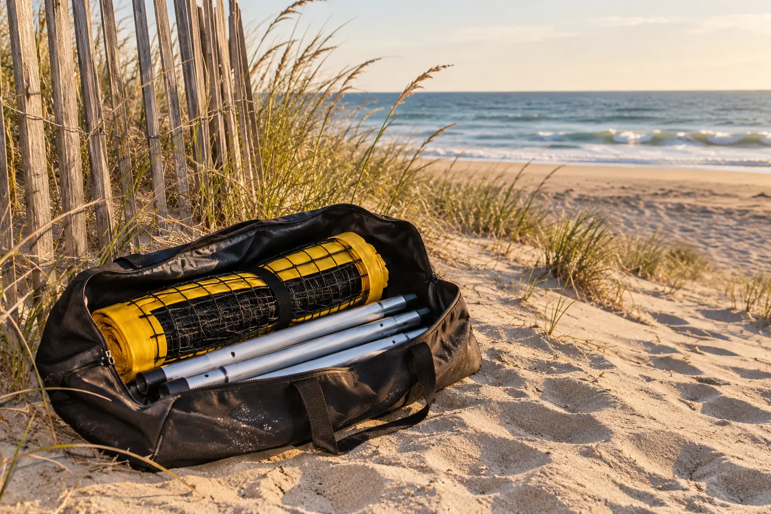 Illustration: A packed beach-volleyball net beside a dune fence.