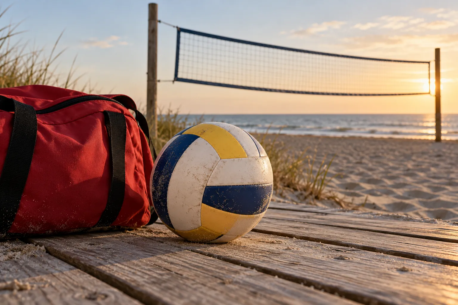 Illustration: An ordinary unbranded stitched-panel volleyball rests beside a red equipment bag at the edge of a weathered beach boardwalk, with a volleyball net beyond, shot low.