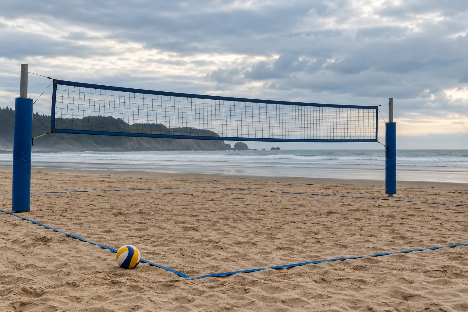 Illustration: An empty beach volleyball court has a credible net between two padded posts and thin boundary lines, with one plain volleyball near a corner, shown wide under a cloudy sky.