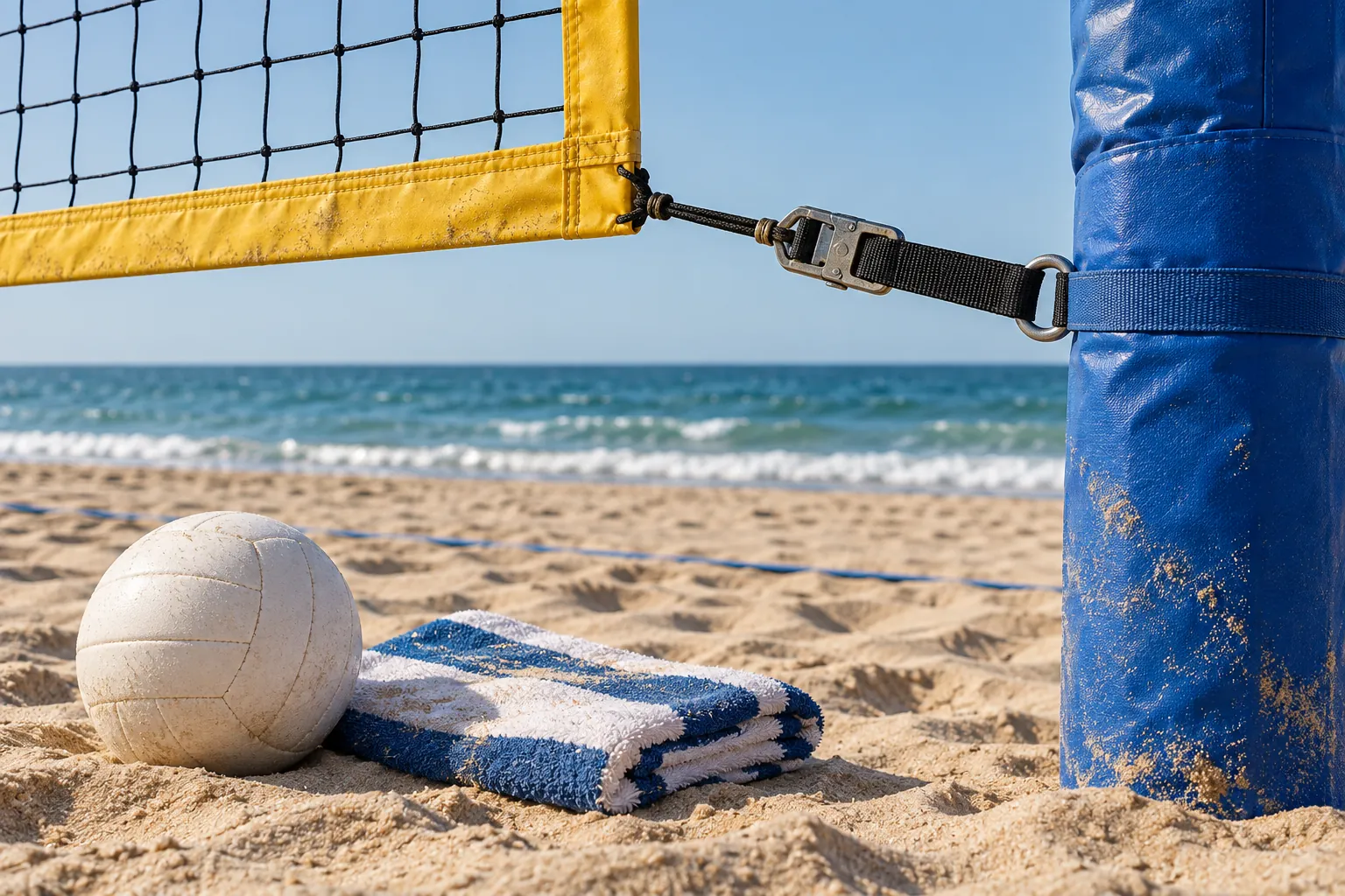 Illustration: A believable beach volleyball net tension strap connects to a padded post, with a plain volleyball and folded towel in the sand below, shown close at a diagonal.