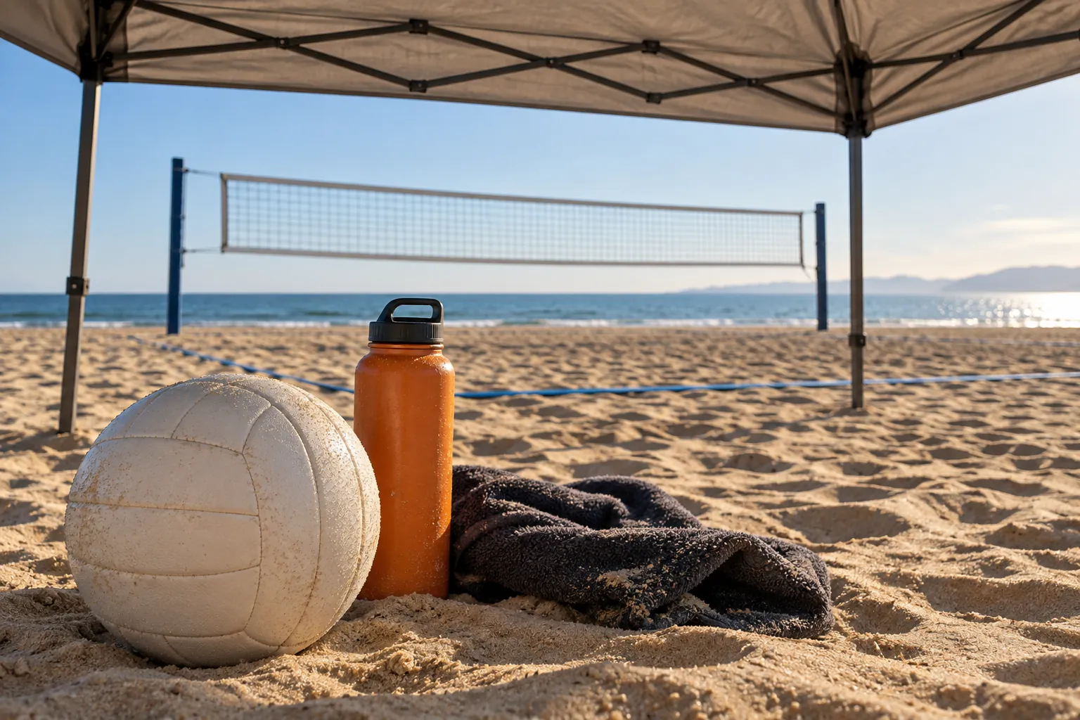 Illustration: A plain stitched-panel volleyball, orange water bottle and dark towel rest beneath an empty unmarked beach shelter, with a broad sand court in the distance.